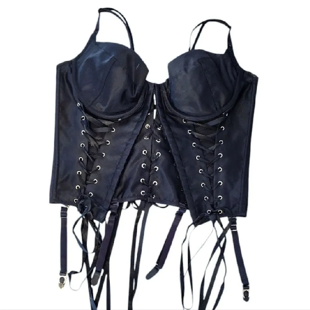 VTG Black Satin Shirley‎ Of Hollywood Lace Up Corset with Garters 38B-D